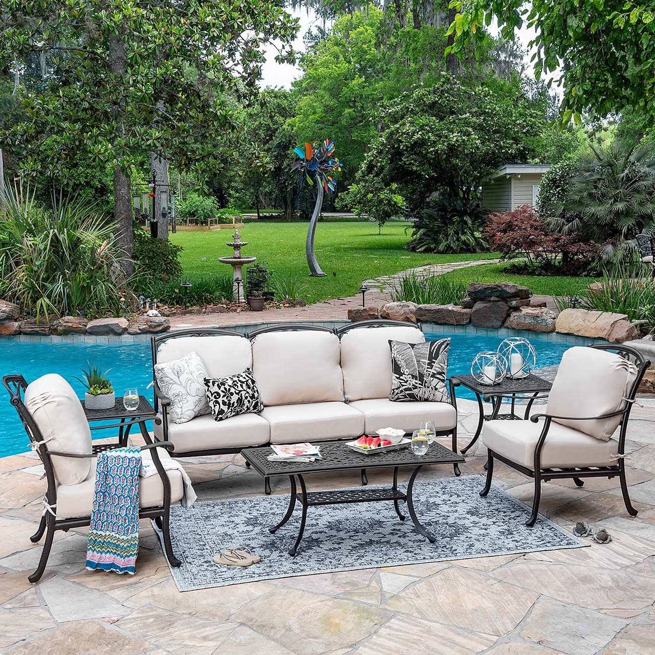 Carlisle Aged Bronze Cast Aluminum and Cushion 4 pc. Sofa Group with 45 x 24 in. Coffee Table