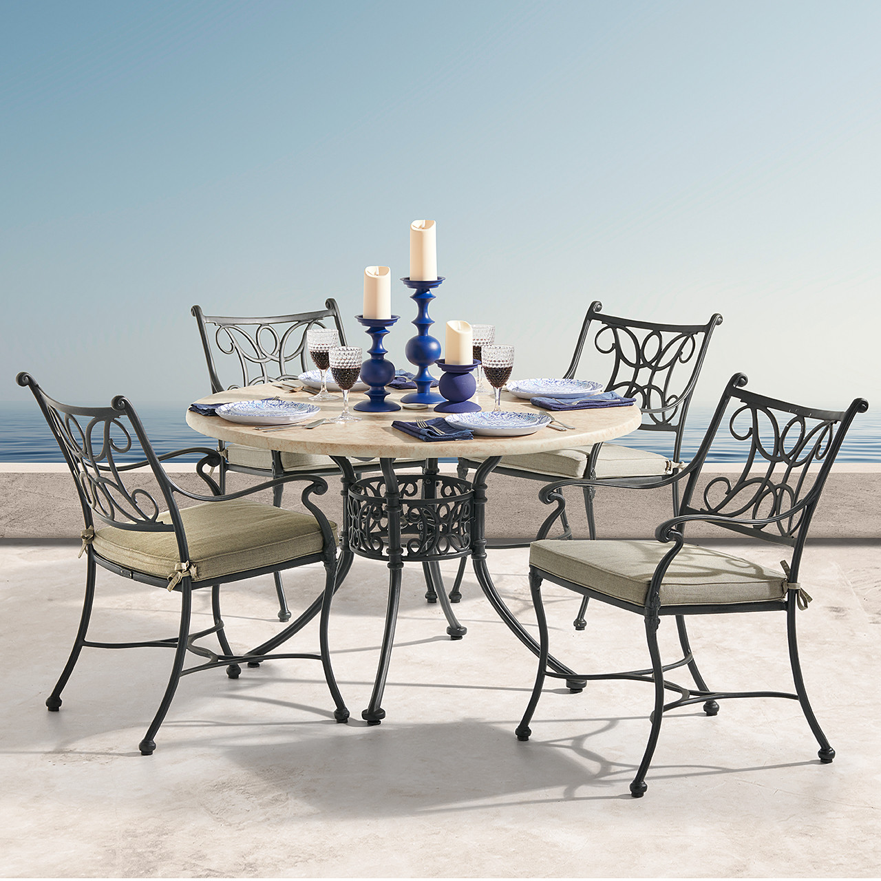 Chateau Rust Cast Aluminum and Cushion 5 Pc. Dining Set with 48 in. D Marble Top Table