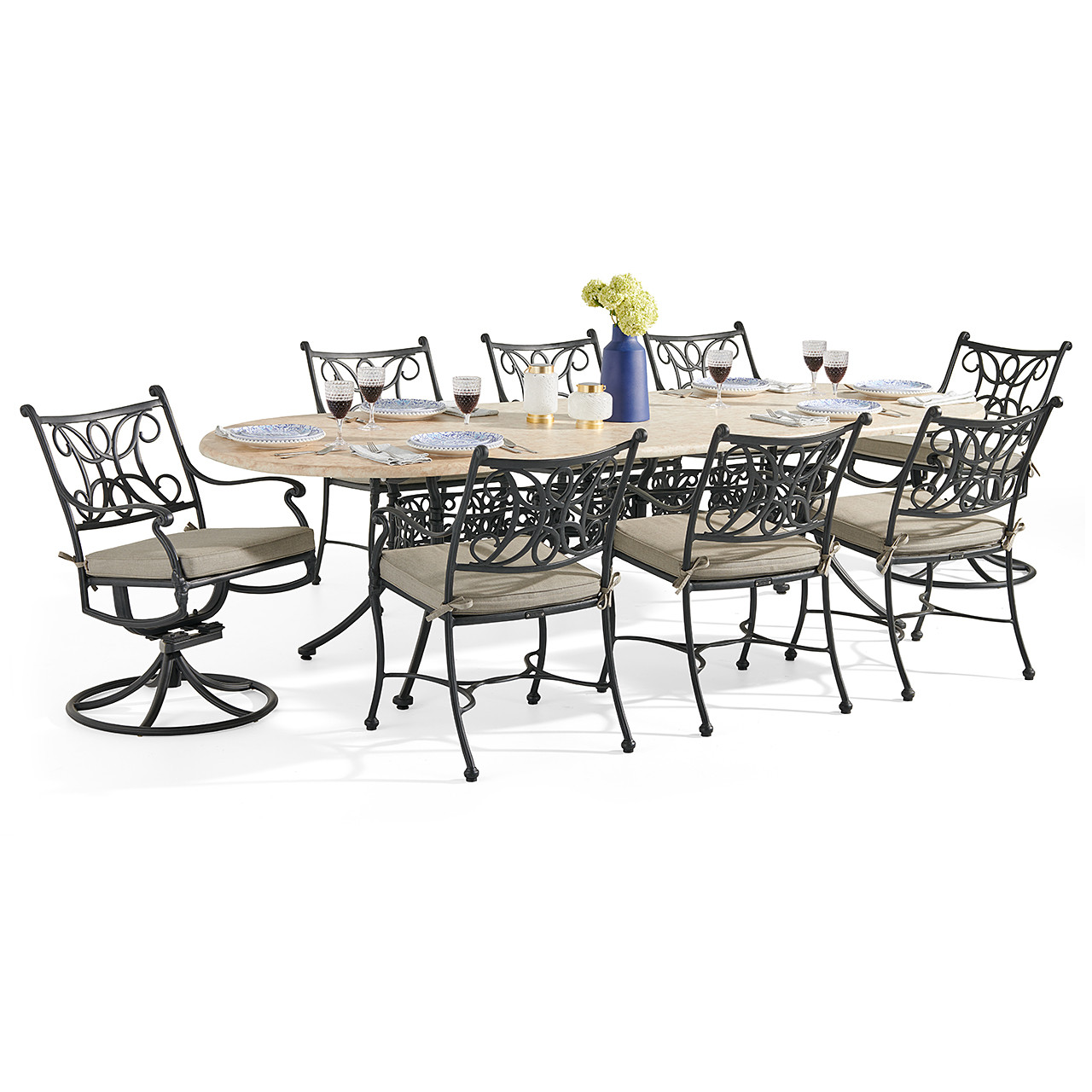 Chateau Rust Cast Aluminum and Cushion 9 Pc. Swivel Dining Set with 110 x 42 in. Marble Top Table