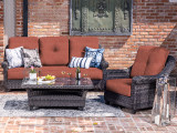Montclair Barn Wood Outdoor Wicker and Sunset Estate Cushion 3 Pc. Sofa Group with 48 x 26 in. Coffee Table