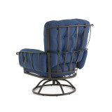 Vinings Chocolate Wrought Iron and Indigo Cushion 5 Pc. Swivel Chat Group with Aged Bronze Trellis 48 in. D Fire Pit Table