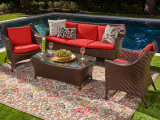 Martinique Java Brown Outdoor Herringbone Wicker and Spectrum Cherry Cushion 4 Pc. Sofa Group with 47 x 27 in. Coffee Table