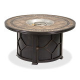 Vinings Chocolate Wrought Iron and Indigo Cushion 5 Pc. Swivel Chat Group with B. Gold Tile Top 48 in. D Fire Pit Table