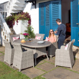 Samoa Slate Outdoor Wicker and Grey Linen Cushion 7 Pc. High Back Dining Set with 80 x 42 in. D Table