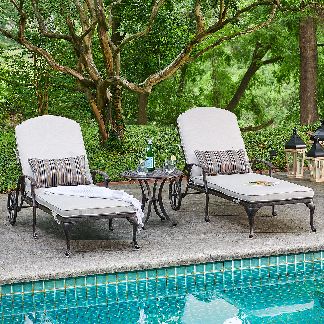 Milan Aged Bronze Cast Aluminum and Cushion 3 Pc. Chaise Lounge Set