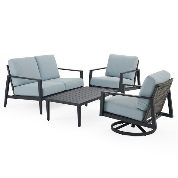 Tulum Husk Midnight with Cushions 4 Piece Swivel Loveseat Group + 48 x 29 in. Coffee Table