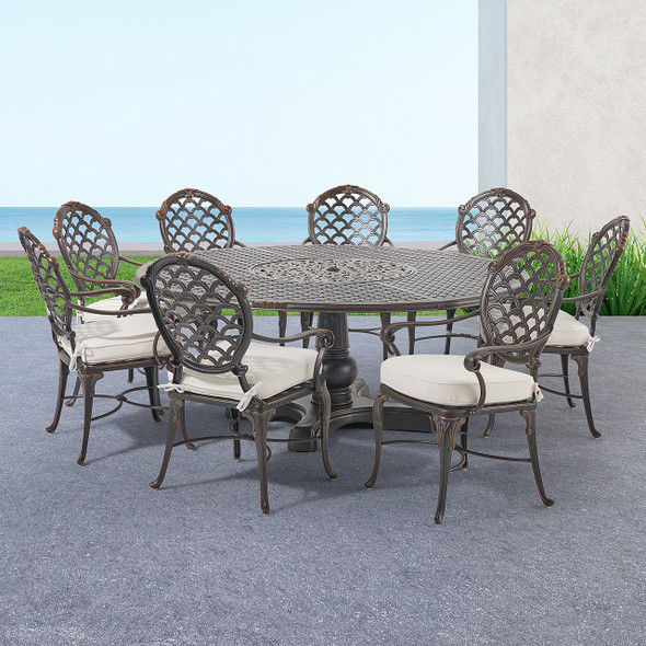 Bordeaux Golden Bronze Cast Aluminum with Cushions 9 Piece Dining Set + 72 in. D Table with Inlaid Lazy Susan