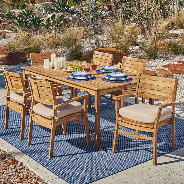 Warwick Natural Stain Solid Teak with Cushions 7 Piece Dining Set + 71 x 39 in. Table
