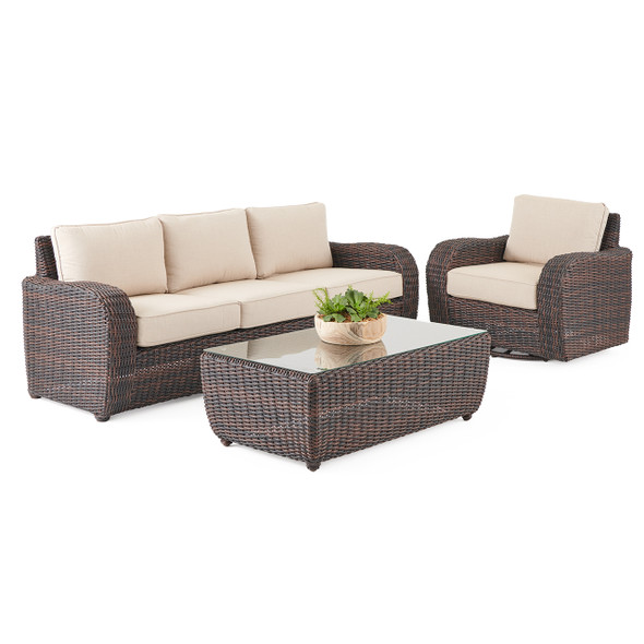Biscayne Sangria Outdoor Wicker and Cushion 3 Pc. Sofa Group + Swivel Club Chair + 48 x 28 in. Coffee Table