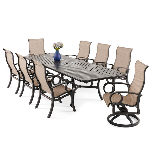 Eclipse Autumn Rust Aluminum with Elevation Stone Sling 9 Piece Swivel Combo Dining Set + 128-86 x 44 in. Extension Table