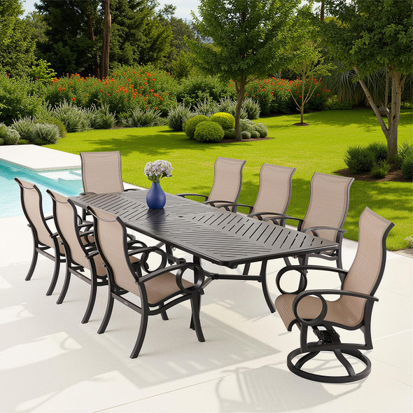Eclipse Autumn Rust Aluminum with Elevation Stone Sling 9 Piece Swivel Combo Dining Set + 86-128 x 44 in. Extension Table