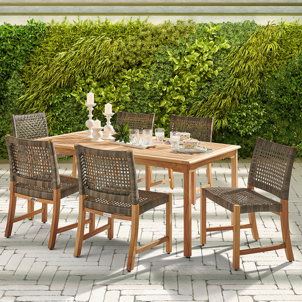 Hampton Driftwood Outdoor Wicker and Solid Teak 7 Piece Side Dining Set + 71 x 39 in. Table