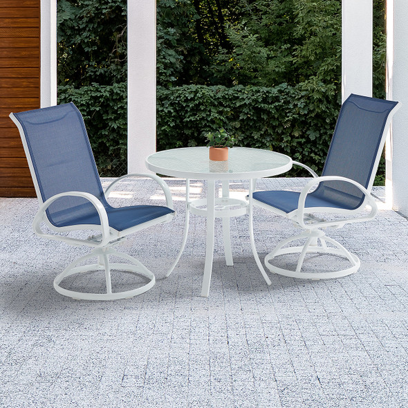 Cape Coral White Aluminum and Navy Sling 3 Pc. Swivel Bistro Set + 32 in. D Glass Top Table