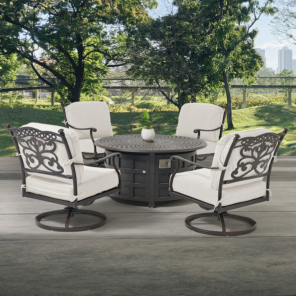 Milan Aged Bronze Cast Aluminum with Cushions 5 Piece Swivel Rocker Chat Group in + 48 in. D Fire Pit Coffee Table