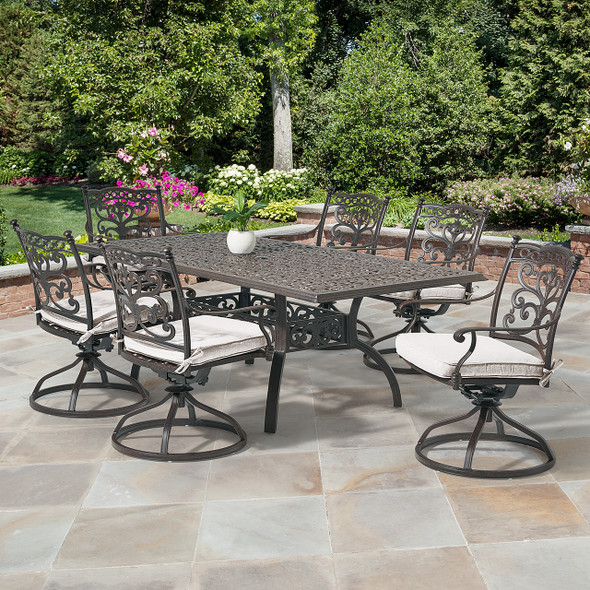 Milan Aged Bronze Cast Aluminum with Cushions 7 Piece Swivel Rocker Dining Set + 84 x 42 in. Table