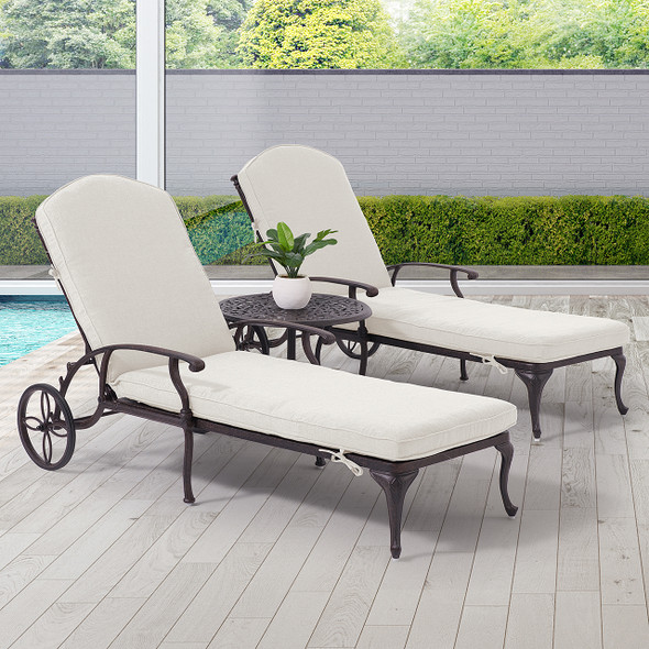 Milan Aged Bronze Cast Aluminum with Cushions 3 Piece Chaise Lounge Set + 24 in. D Side Table