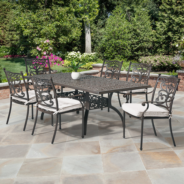 Milan Aged Bronze Cast Aluminum with Cushions 7 Piece Dining Set + 84 x 42 in. Table