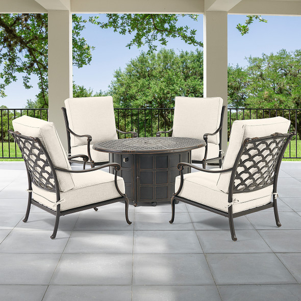 Bordeaux Golden Bronze Cast Aluminum with Cushions 5 Piece Chat Group + 52 x 39 in. Fire Pit Table