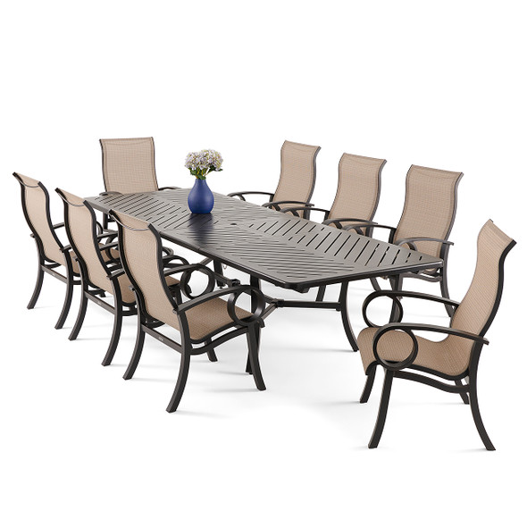 Eclipse Autumn Rust Aluminum with Elevation Stone Sling 9 Piece Dining Set + 128-86 x 44 in. Extension Table