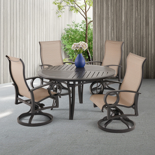 Eclipse Autumn Rust Aluminum with Elevation Stone Sling 5 Piece Swivel Dining Set + 54 in. D Table