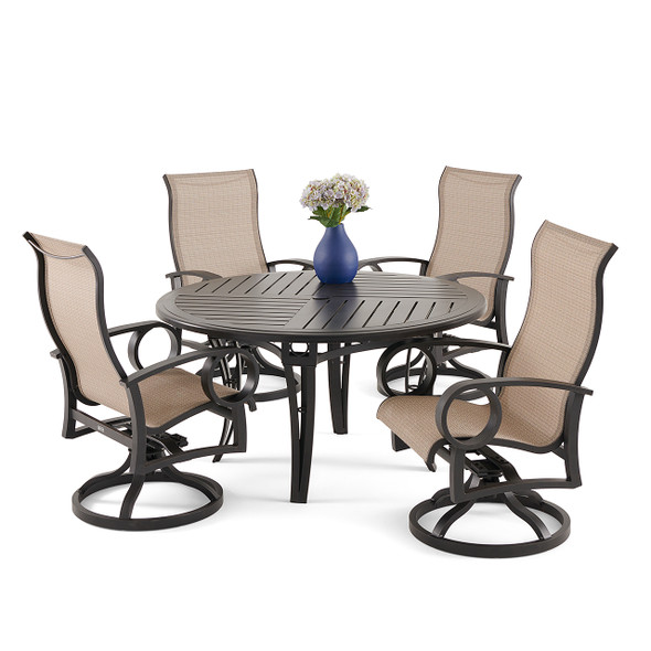 Eclipse Autumn Rust Aluminum with Elevation Stone Sling 5 Piece Swivel Dining Set + 54 in. D Table