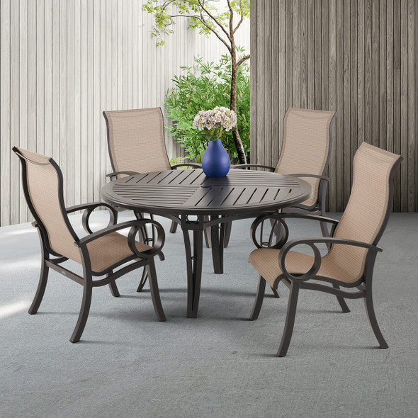 Eclipse Autumn Rust Aluminum with Elevation Stone Sling 5 Piece Dining Set + 54 in. D Table Eclipse Autumn Rust Aluminum with Elevation Stone Sling 5 Piece Dining Set + 54 in. D Table