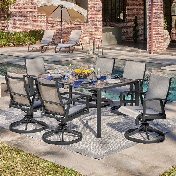 Ventura Textured Black Aluminum with Mica Pearl Sling 7 Piece Swivel Dining Set + 66 x 44 in. Table