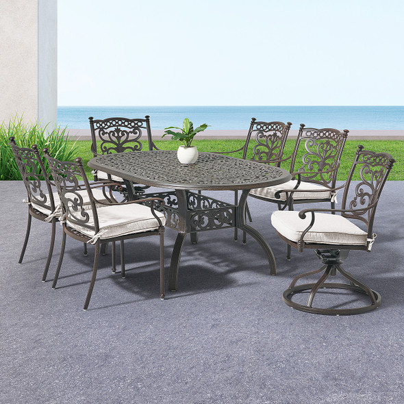Milan Aged Bronze Cast Aluminum with Cushions 7 Piece Swivel Combo Dining Set + 72 x 42 in. Table Milan Aged Bronze Cast Aluminum with Cushions 7 Piece Swivel Combo Dining Set + 72 x 42 in. Table