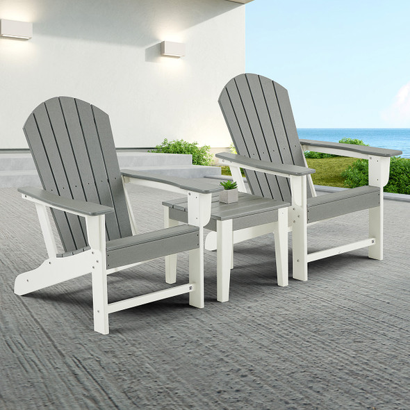 Farmhouse Polymer 3 Piece Adirondack Set + 18 in. Sq. Side Table Farmhouse Polymer 3 Piece Adirondack Set + 18 in. Sq. Side Table