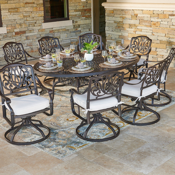 Cadiz Aged Bronze Cast Aluminum with Cushions 9 Piece Swivel Dining Set + 78 x 59 in. Table