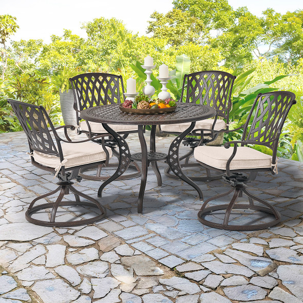 Tivoli Aged Bronze Cast Aluminum with Cushions 5 Piece Swivel Dining Set with 42 in. D Table