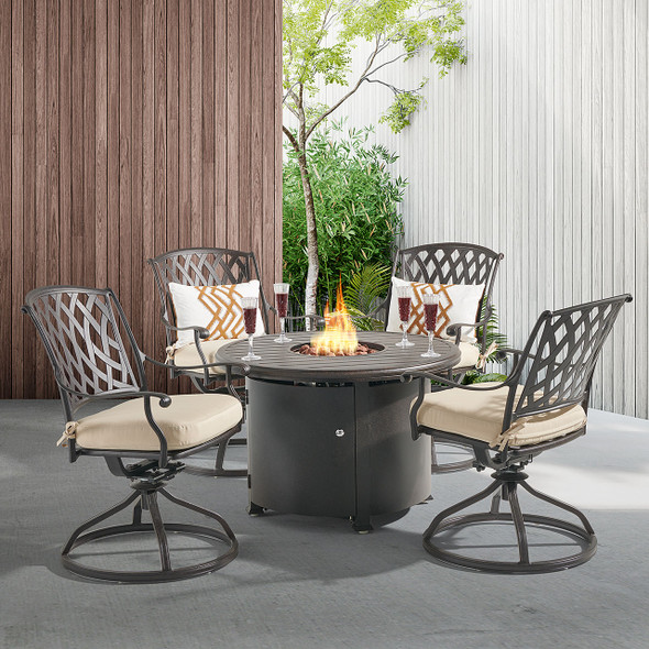 Tivoli Aged Bronze Cast Aluminum with Cushions 5 Piece Swivel Chat Set with 36 in. D Fire Pit Table