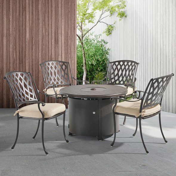 Tivoli Aged Bronze Cast Aluminum with Cushions 5 Piece Chat Set + 36 in. D Fire Pit Table