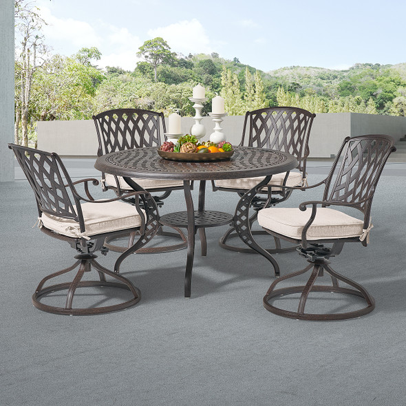 Tivoli Aged Bronze Cast Aluminum with Cushions 5 Piece Swivel Dining Set with 48 in. D Table