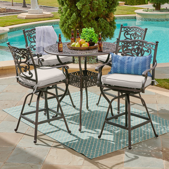 Milan Aged Bronze Cast Aluminum with Cushions 5 Piece Swivel Bar Set + 42 in. D Table