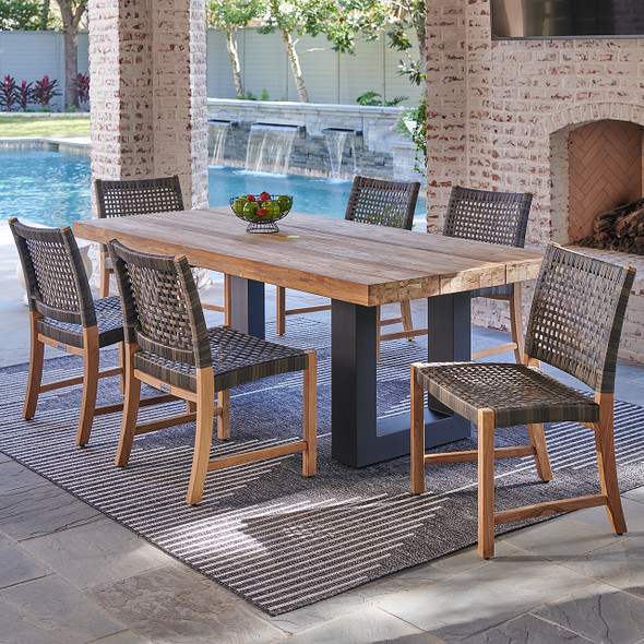 Hampton Driftwood Outdoor Wicker and Solid Teak 7 Piece Side Dining Set with 84 x 40 in. Table