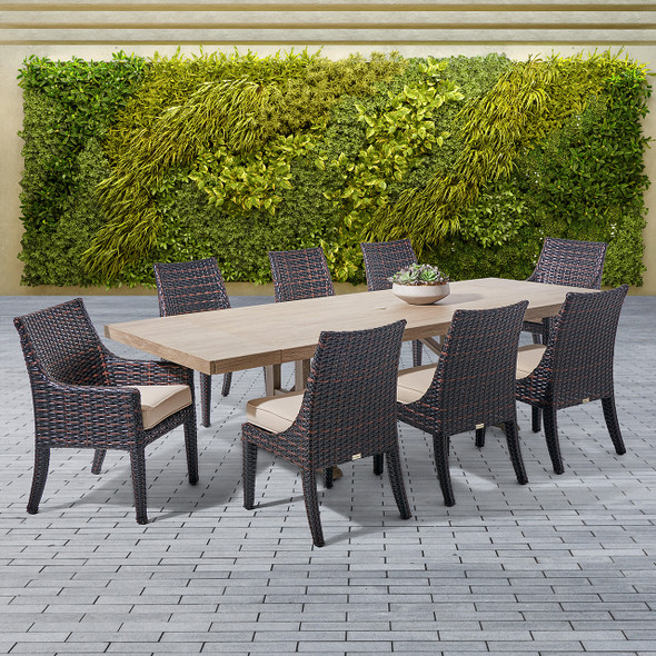 Tangiers Canola Seed Outdoor Wicker with Cushions 9 Piece Combo Dining Set + 84-112 x 44 in. Extension Table