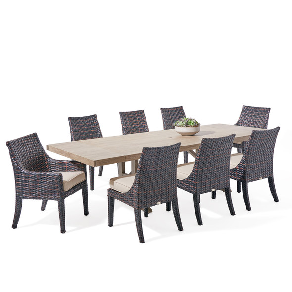 Tangiers Canola Seed Outdoor Wicker with Cushions 9 Piece Combo Dining Set + 84-112 x 44 in. Extension Table