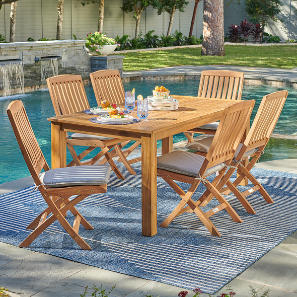 Westport Teak with Cushions 7 Piece Armless Dining Set + Oxford 71 x 36 in. Table