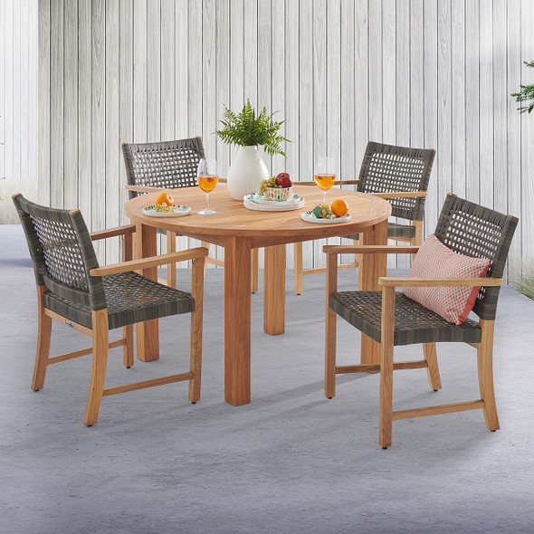 Hampton Driftwood Outdoor Wicker and Solid Teak 5 Piece Arm Dining Set with 48 in. D Table Hampton Driftwood Outdoor Wicker and Solid Teak 5 Piece Arm Dining Set with 48 in. D Table