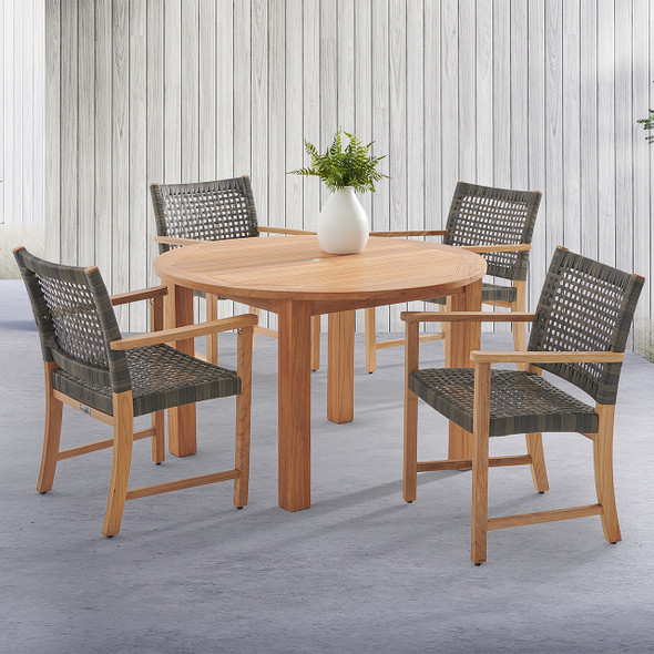 Hampton Driftwood Outdoor Wicker and Solid Teak 5 Piece Arm Dining Set with 48 in. D Table Hampton Driftwood Outdoor Wicker and Solid Teak 5 Piece Arm Dining Set with 48 in. D Table