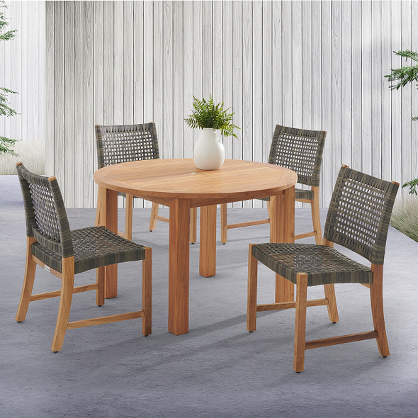 Hampton Driftwood Outdoor Wicker and Solid Teak 5 Piece Side Dining Set with 48 in. D Table