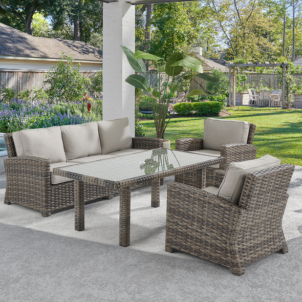 Contempo Husk Outdoor Wicker with Cushions 4 Piece Sofa Group + 65 x 34 in. Lounge Dining Table