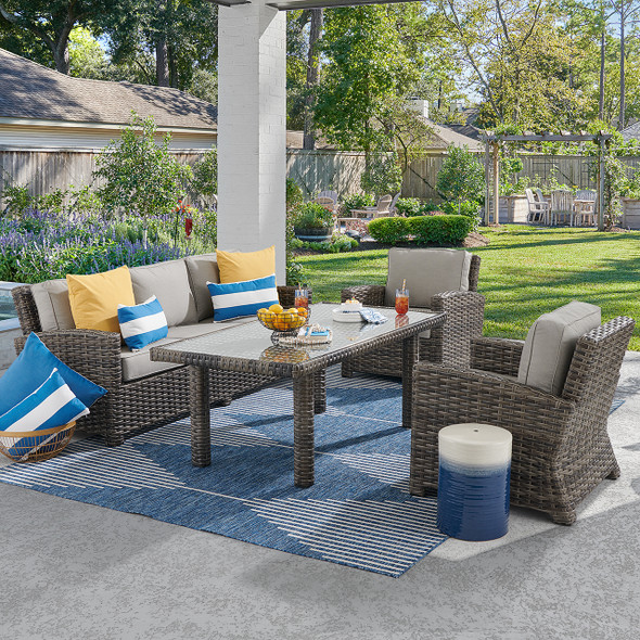 Contempo Husk Outdoor Wicker with Cushions 4 Piece Sofa Group + 65 x 34 in. Lounge Dining Table