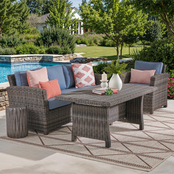 Venice Silver Oak Outdoor Wicker with Cushions 3 Piece Sofa Group + 59 x 32 in. Woven Top Lounge Table