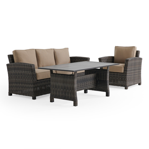 Venice Silver Oak Outdoor Wicker with Cushions 3 Piece Sofa Group + 59 x 32 in. Aluminum Top Lounge Table