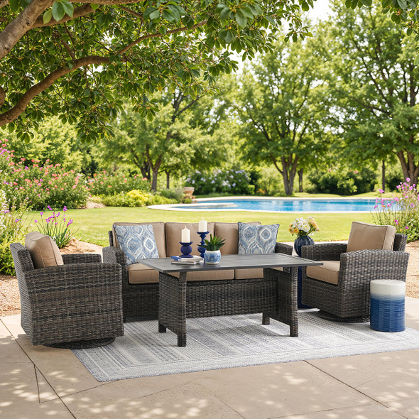 Venice Silver Oak Outdoor Wicker with Cushions 4 Piece Swivel Sofa Group + 59 x 32 in. Woven Top Lounge Table