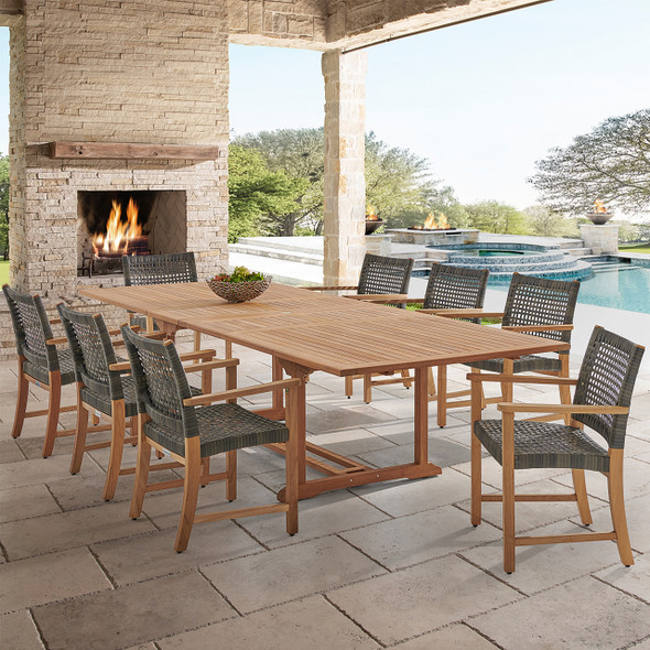 Hampton Driftwood Outdoor Wicker and Solid Teak 9 Piece Arm Dining Set + 87-118 x 47 in. Bristol Extension Table