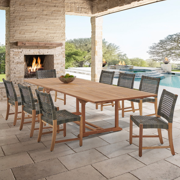 Hampton Driftwood Outdoor Wicker and Solid Teak 9 Piece Side Dining Set + 87-118 x 47 in. Bristol Extension Table