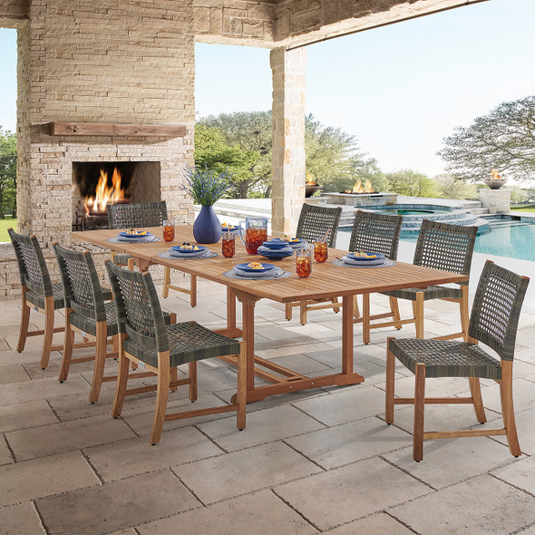 Hampton Driftwood Outdoor Wicker and Solid Teak 9 Piece Side Dining Set + 87-118 x 47 in. Bristol Extension Table